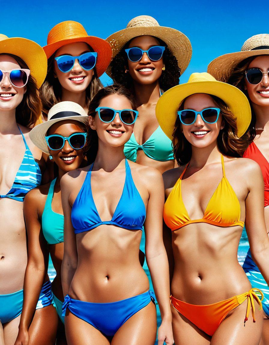 Create a vibrant, colorful beach scene featuring diverse women of different body types modeling trendy swimwear styles, in playful poses. Incorporate chic accessories like oversized sunglasses and beach hats, along with a sparkling ocean backdrop and a clear blue sky. Use a mix of fashionable swimwear designs, from chic bikinis to cheeky one-pieces. Capture the joyful spirit of summer. illustration, vibrant colors, realistic details.